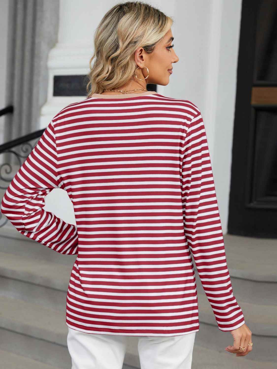 Striped Notched Long Sleeve T-Shirt - Ladyez