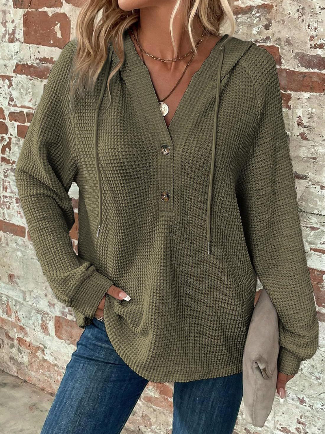 Waffle Knit Long Sleeve Drawstring Hooded Top - Ladyez