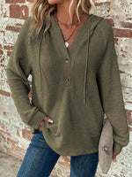 Waffle Knit Long Sleeve Drawstring Hooded Top - Ladyez