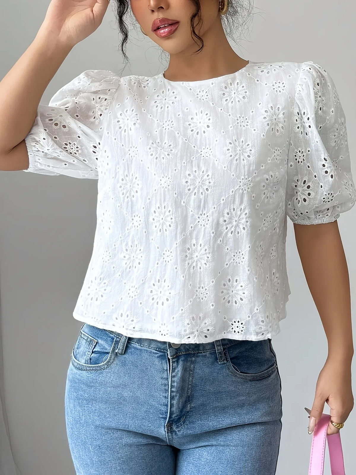 Eyelet Embroidered Puff Sleeve Tie-Back Blouse - Ladyez