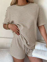 Striped Round Neck Tee and Shorts Set