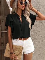 Ruffle Sleeve Notched Blouse - Ladyez
