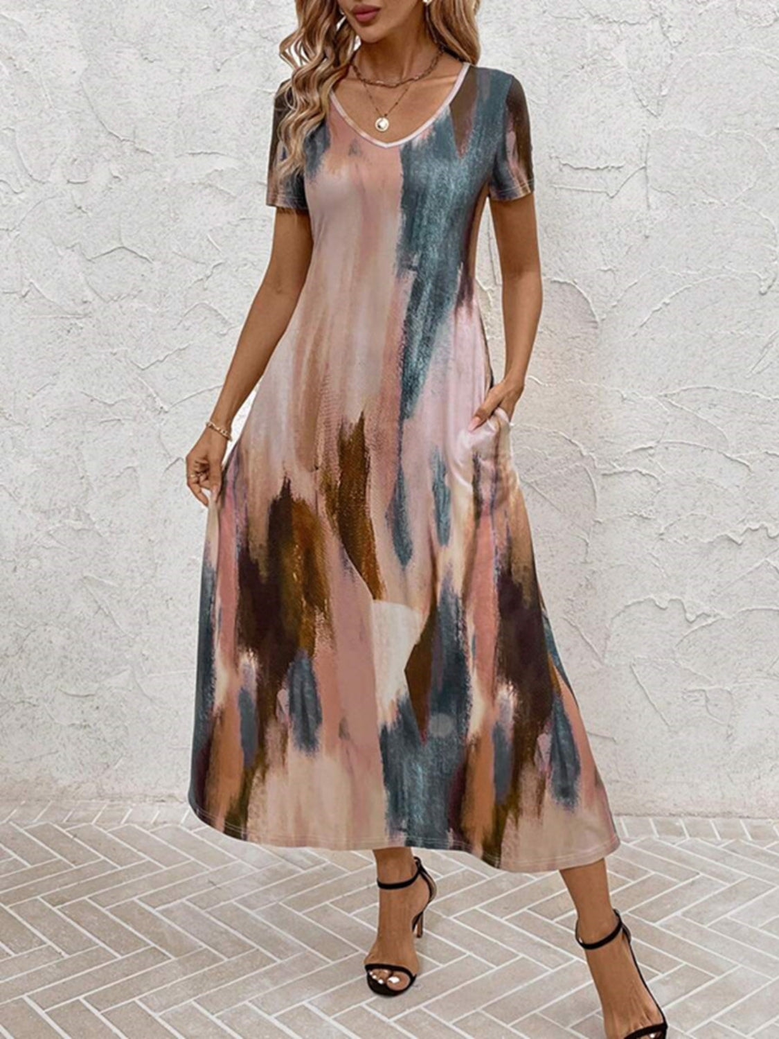 Tie-Dye V-Neck Short Sleeve Midi Tee Dress - Ladyez