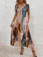 Tie-Dye V-Neck Short Sleeve Midi Tee Dress - Ladyez