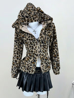 Leopard Plush Zip-Up Hooded Outerwear