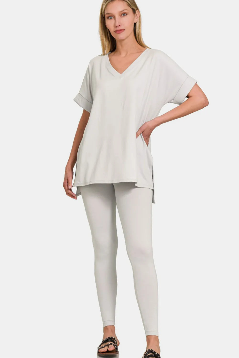 Zenana V-Neck Rolled Short Sleeve T-Shirt and Leggings Lounge Set - Ladyez