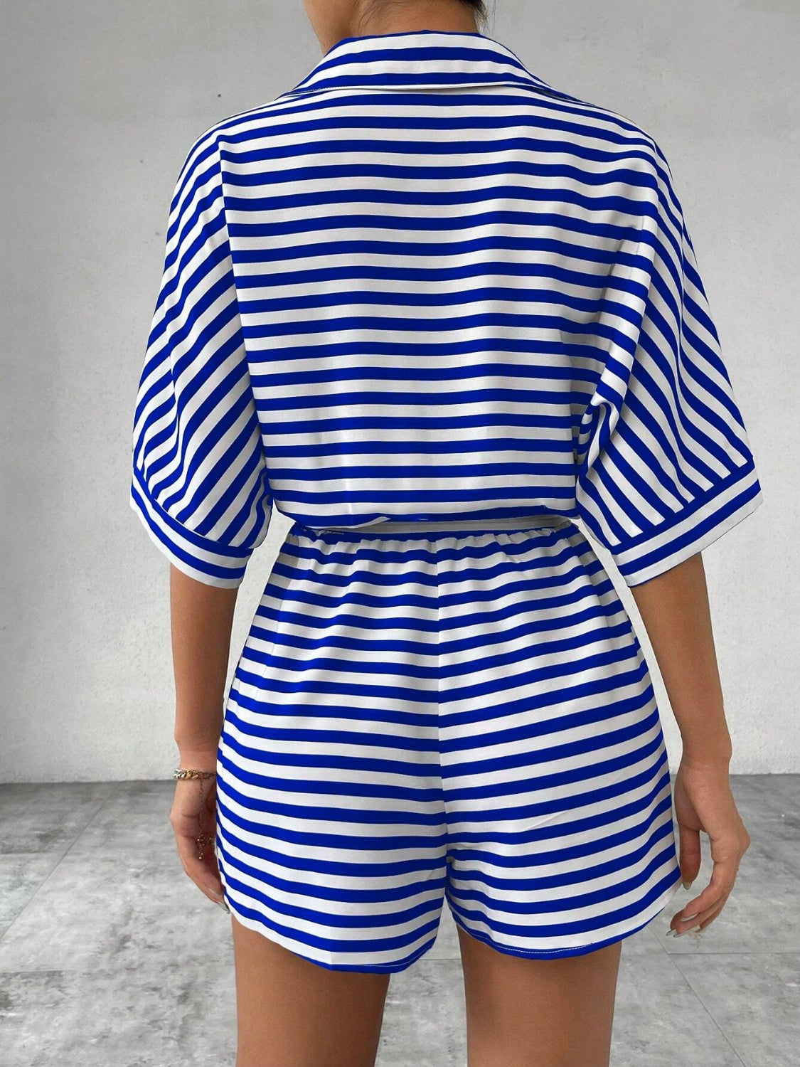 Tie Waist Half Button Striped Romper - Ladyez