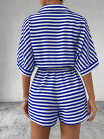 Tie Waist Half Button Striped Romper - Ladyez