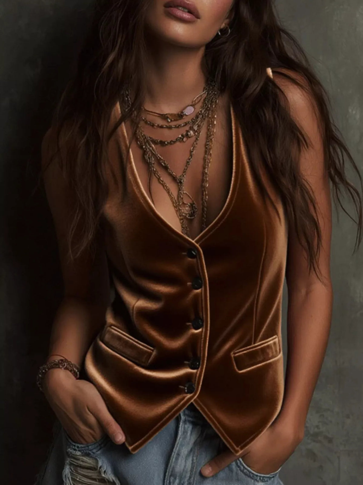 Velvet Button-Down Vest Coat