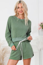 Round Neck Long Sleeve Top and Drawstring Shorts Lounge Set - Ladyez