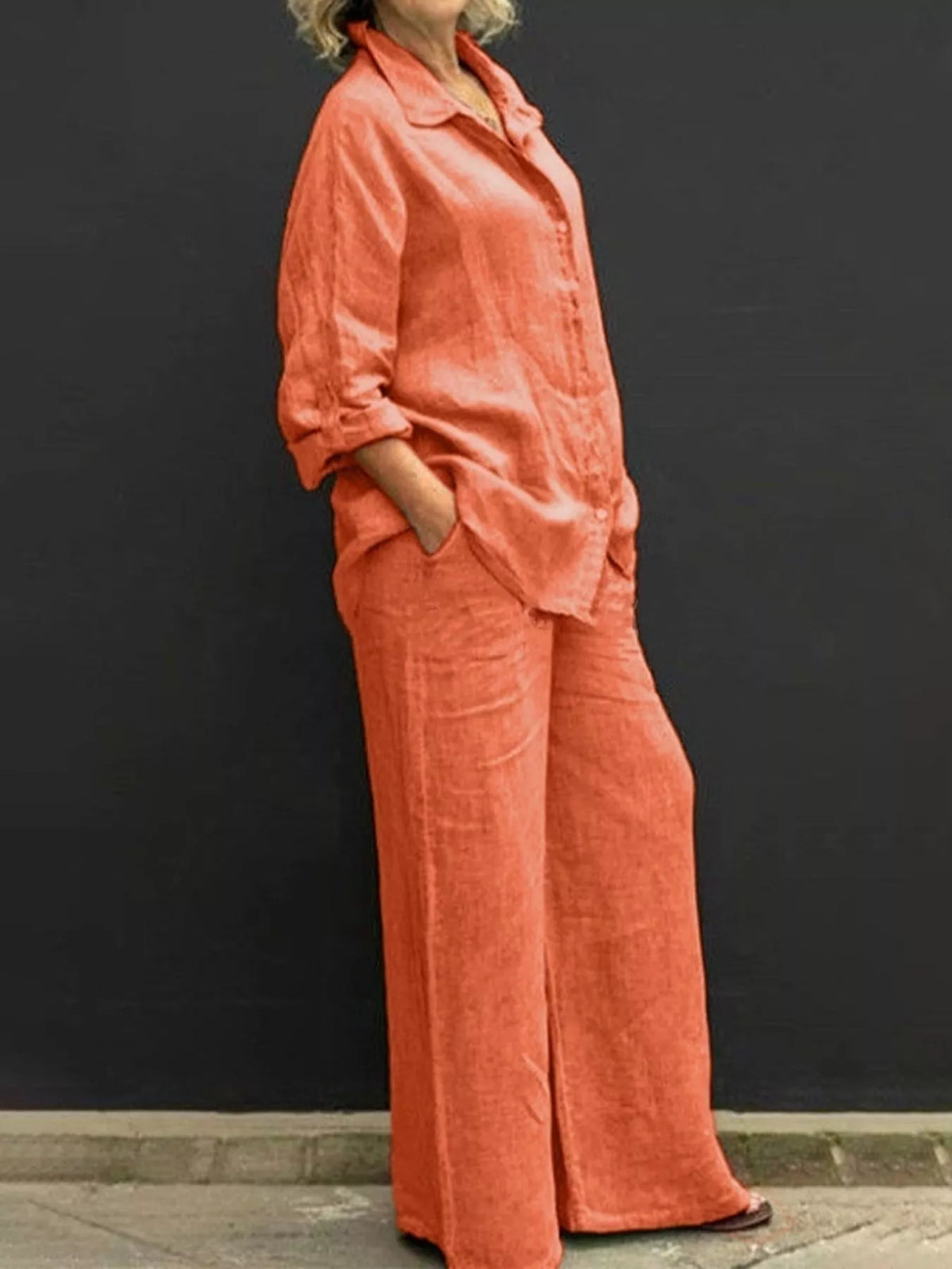 Full Size Long Sleeve Shirt and Pants Set Plus Size