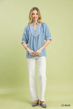 Umgee Textured Jacquard Contrast Trim Top