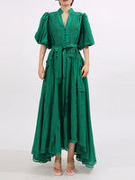 Lace Detail Notched Puff Sleeve Maxi Dress