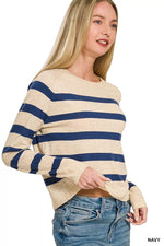Zenana Lightweight Wool Blend Striped Round Neck Sweater