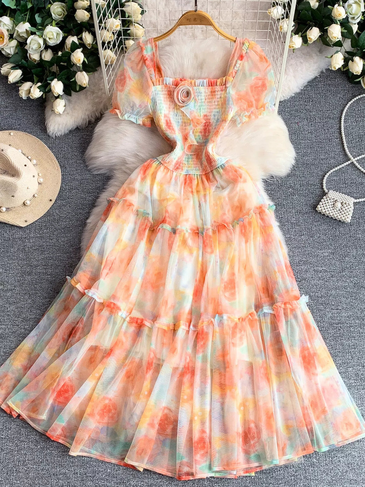 Smocked Floral Tiered Mesh Midi Dress