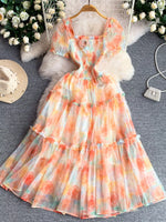 Smocked Floral Tiered Mesh Midi Dress