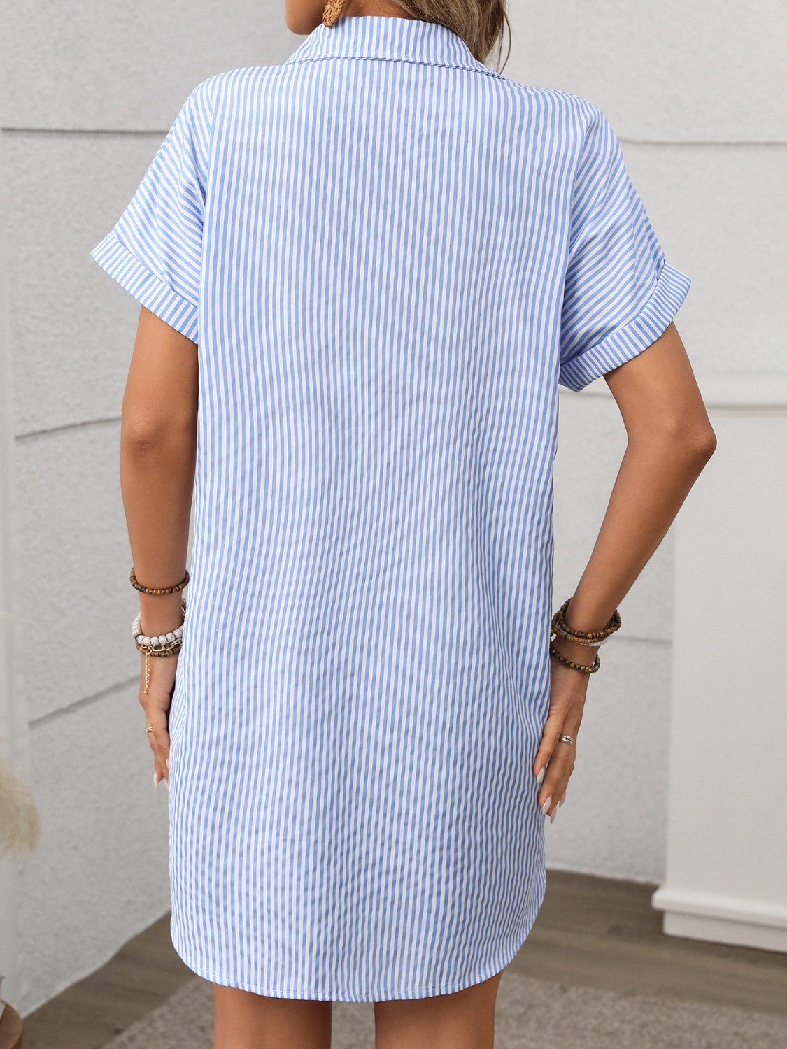 Striped Button Down Short Sleeve Mini Dress - Ladyez