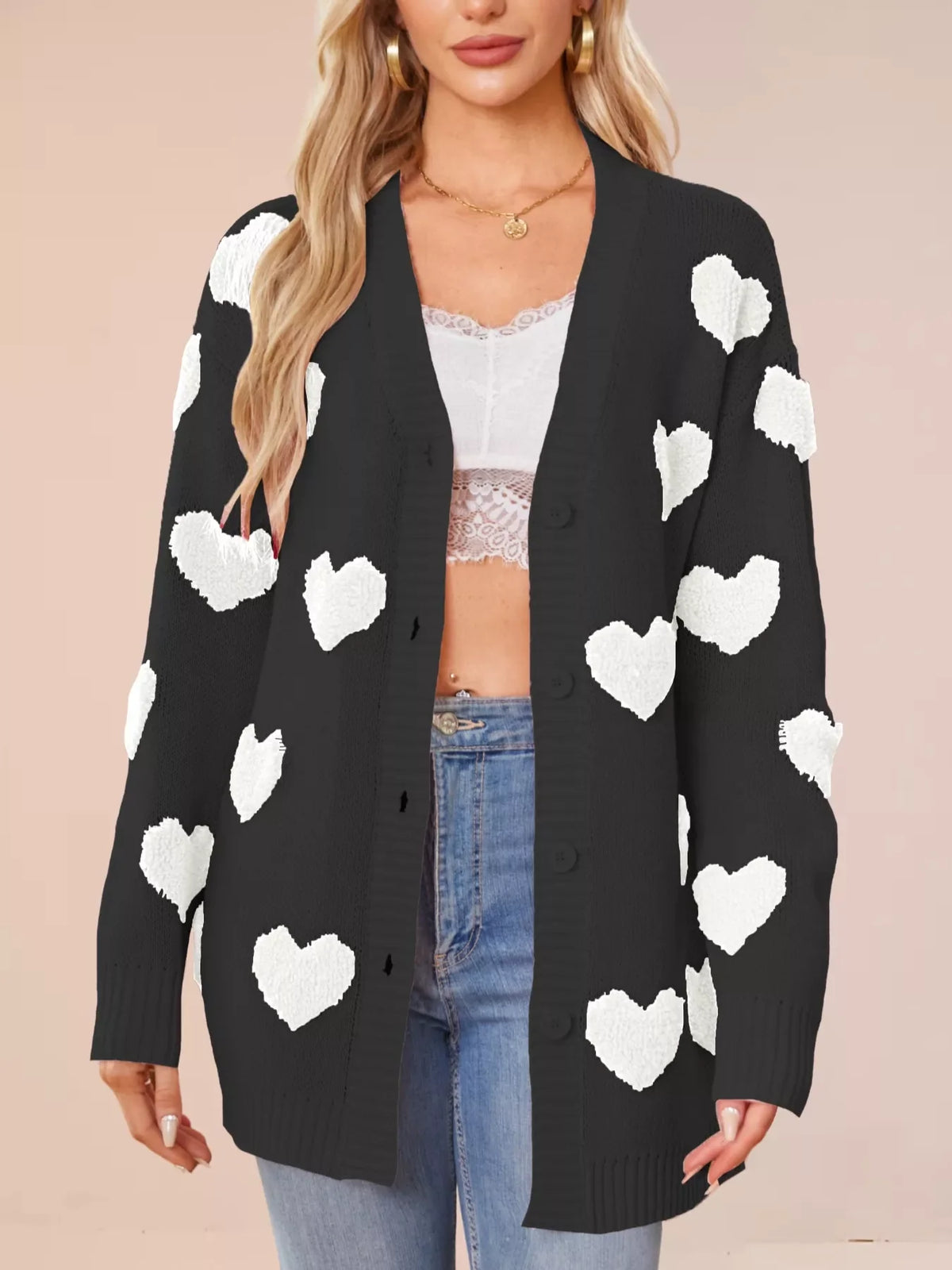 Heart Pattern Knit Button-Up Cardigan