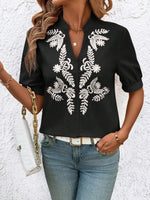 Embroidered Notched Short Sleeve Blouse