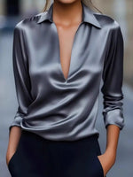 Satin Johnny Collar Long Sleeve Blouse