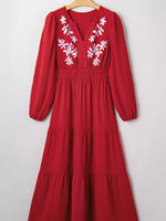 Contrast Embroidered Detail Cinched Waist Tiered Long Sleeve Maxi Dress