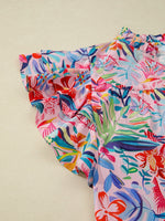 Tropical Floral Print Frilly Notched Neck Ruffled Short Sleeve Blouse