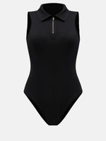 Quarter Zip Collared Neck Sleeveless Bodysuit - Ladyez