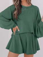 Corded Lantern Sleeve Top and High Waist Mini Skirt Set