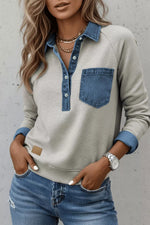 Denim-Trimmed Long Sleeve Top