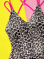 Leopard Plunge Spaghetti Strap One-Piece Swimwear - Ladyez