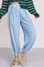 Lace Accent Floral Patched Pocket Pleated Wide Leg Slouchy Pants