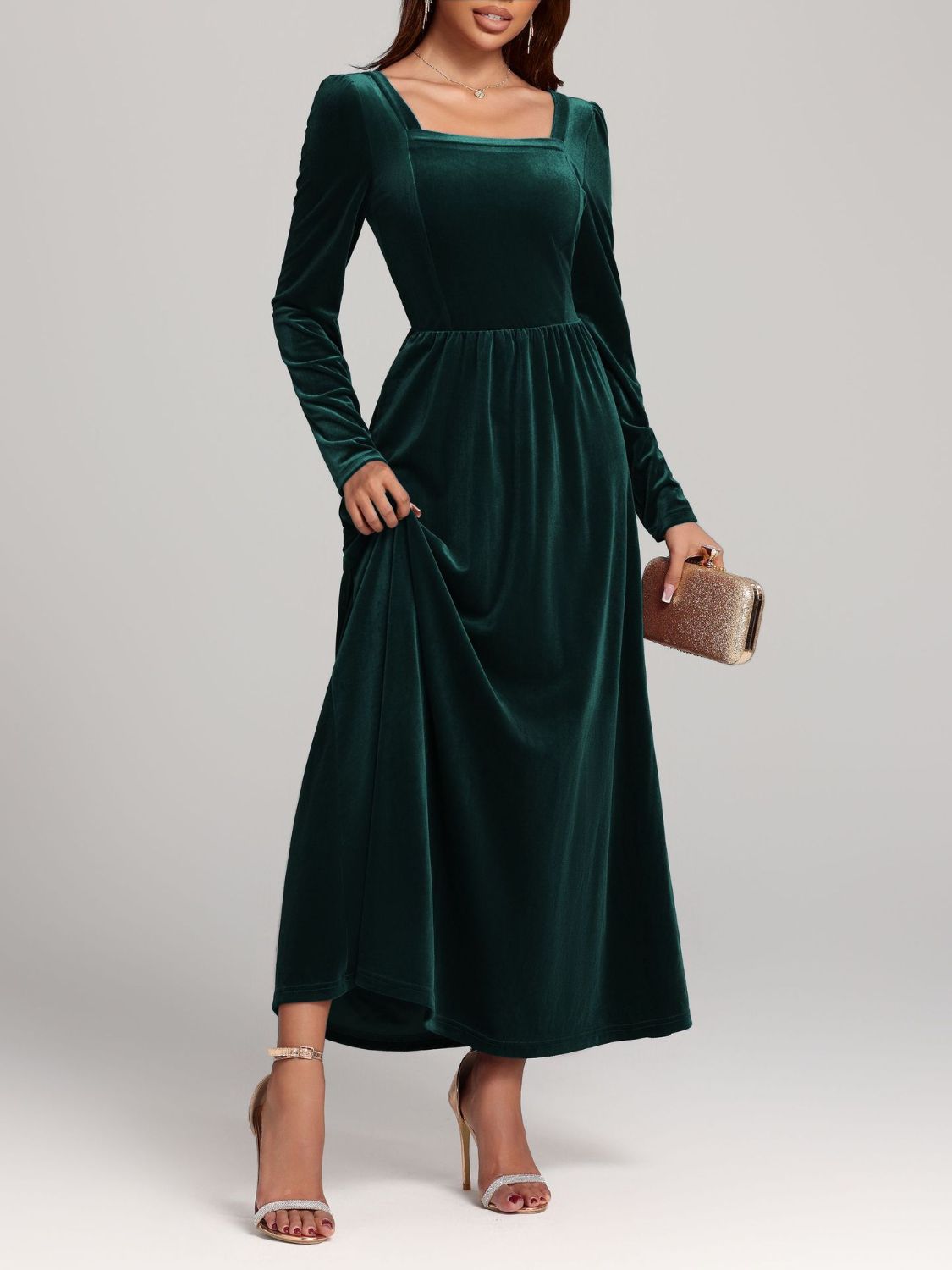Velvet Square Neck Long Sleeve Dress - Ladyez