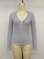 Ribbed Lace Trim Henley T-Shirt