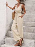 V-Neck Drawstring Waist Wide Leg Jumpsuit