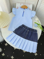 Children's Ruffled Top & Denim Patchwork Pleated Skirt Set