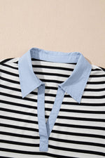Stripe Contrast V Neck Collared Puff Sleeve T Shirt Mini Dress with Pockets