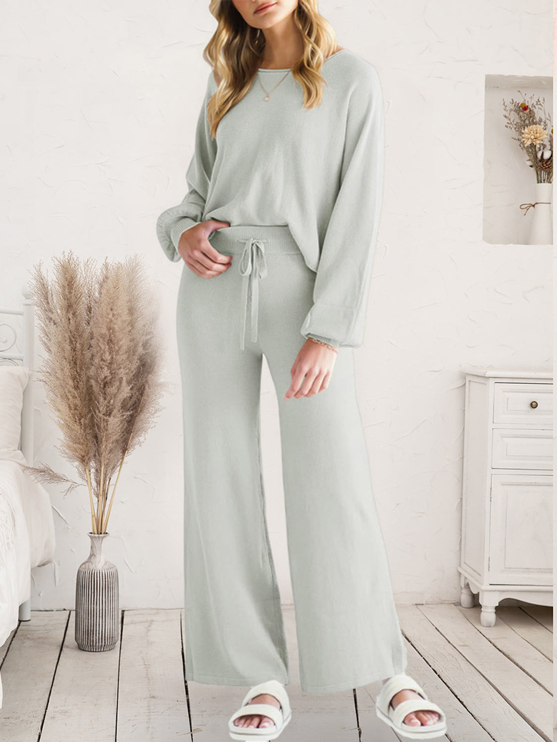 Long Sleeve Lounge Top and Drawstring Pants Set - Ladyez