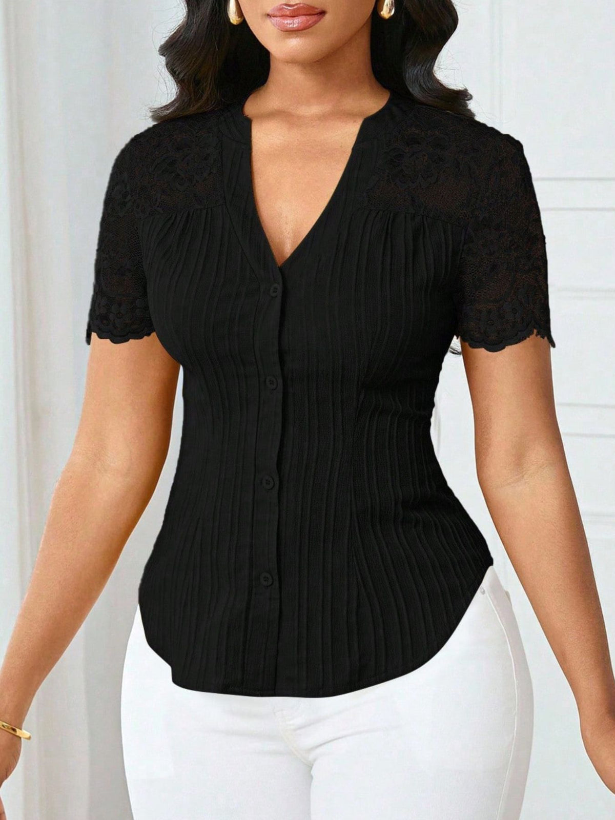 Lace Sleeve Button Up Shirt