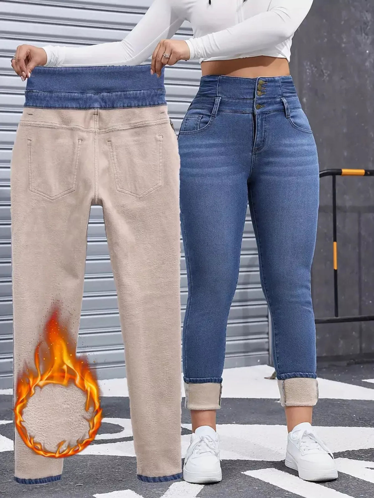 High-Waisted Slim Fit Fleece-Lined Jeans