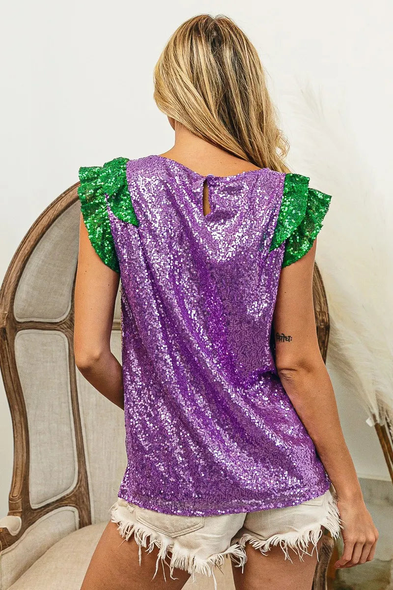 BiBi Mardi Gras Sequin Color Block RuffledTop