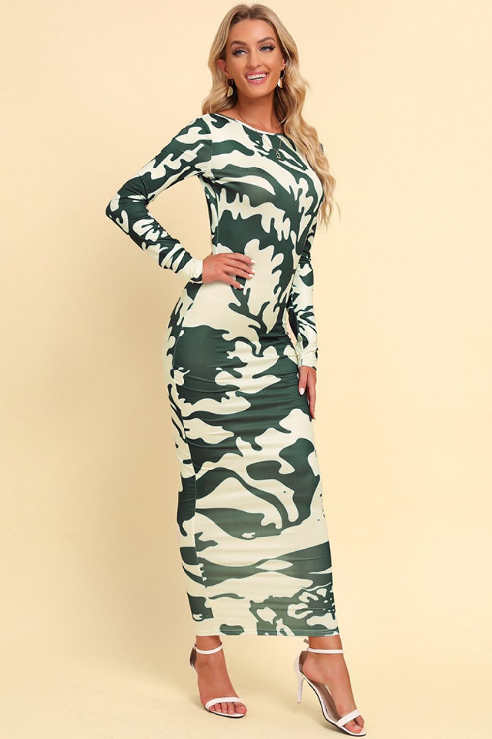 Printed Backless Long Sleeve Maxi Dress - Ladyez