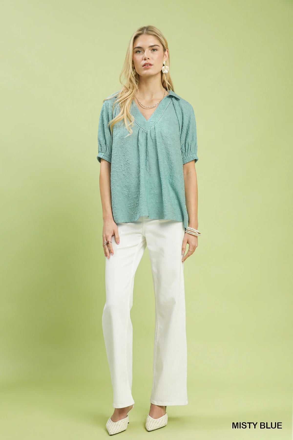 Umgee Textured Trim Detail Short Sleeve Top