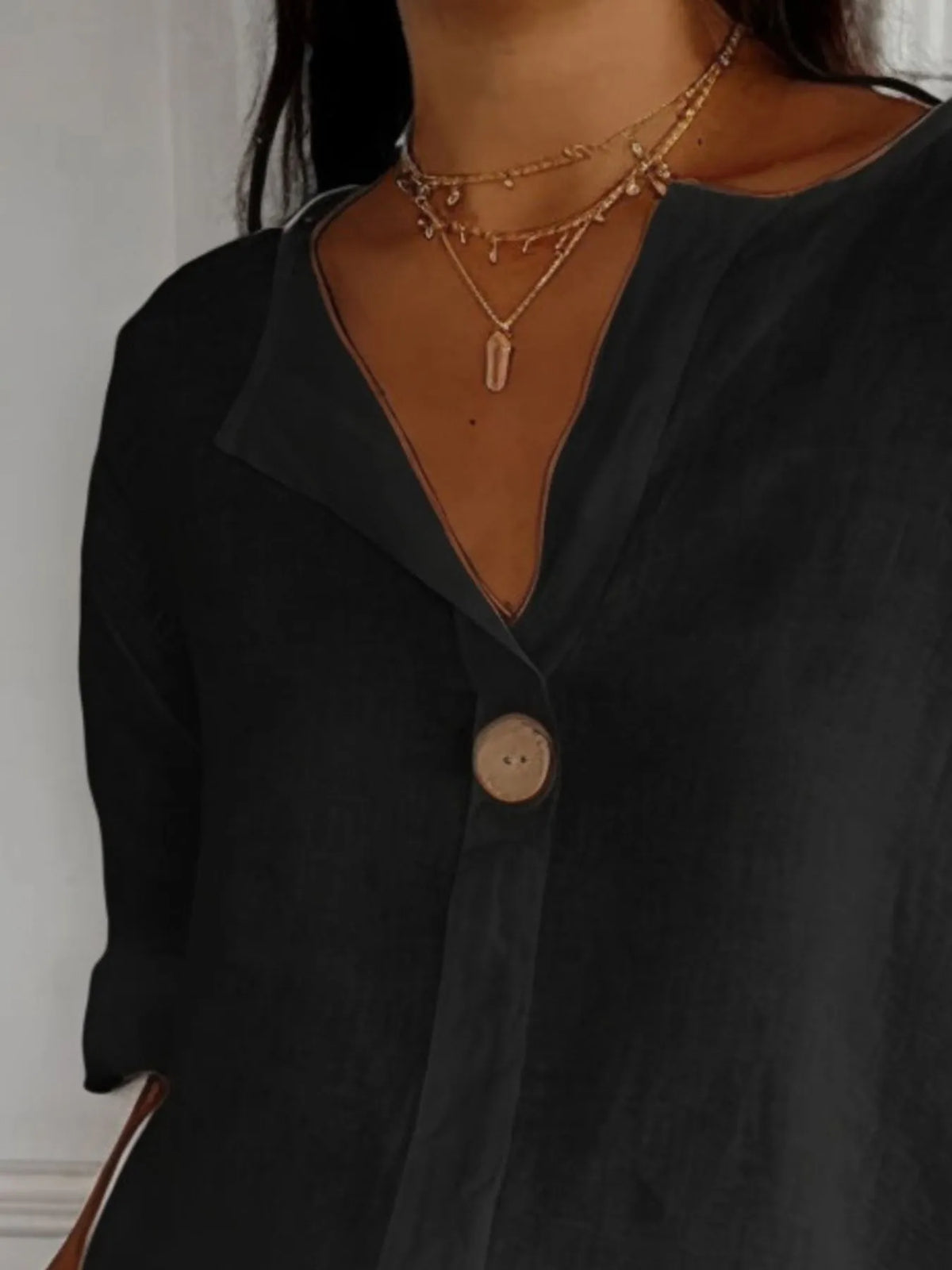 Full Size Linen Blend Notched Blouse Plus Size - Ladyez