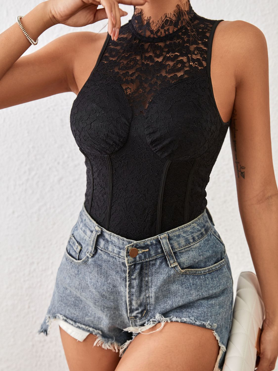 Perfee Mock Neck Sleeveless Lace Bodysuit - Ladyez