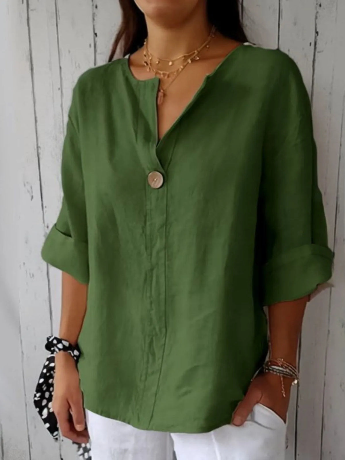 Full Size Linen Blend Notched Blouse Plus Size - Ladyez