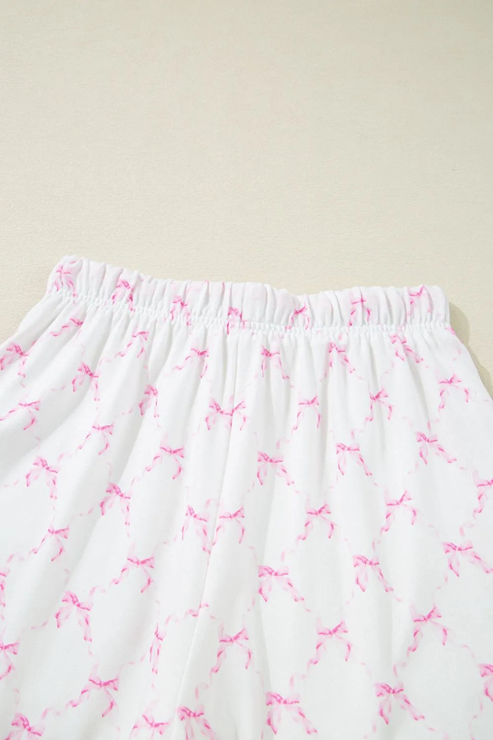 Bow Print Lettuce Trim Round Neck Top and Shorts Lounge Set - Ladyez