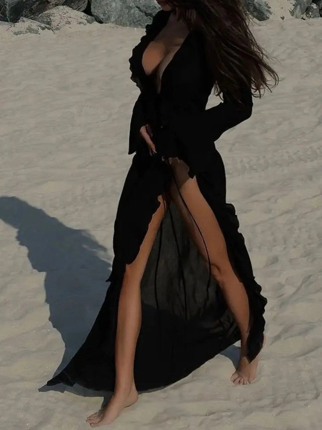 Ruffled Long Sleeve Cover-Up Dress - Ladyez