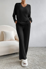 Ribbed V-Neck Top and Pants Lounge Set - Ladyez
