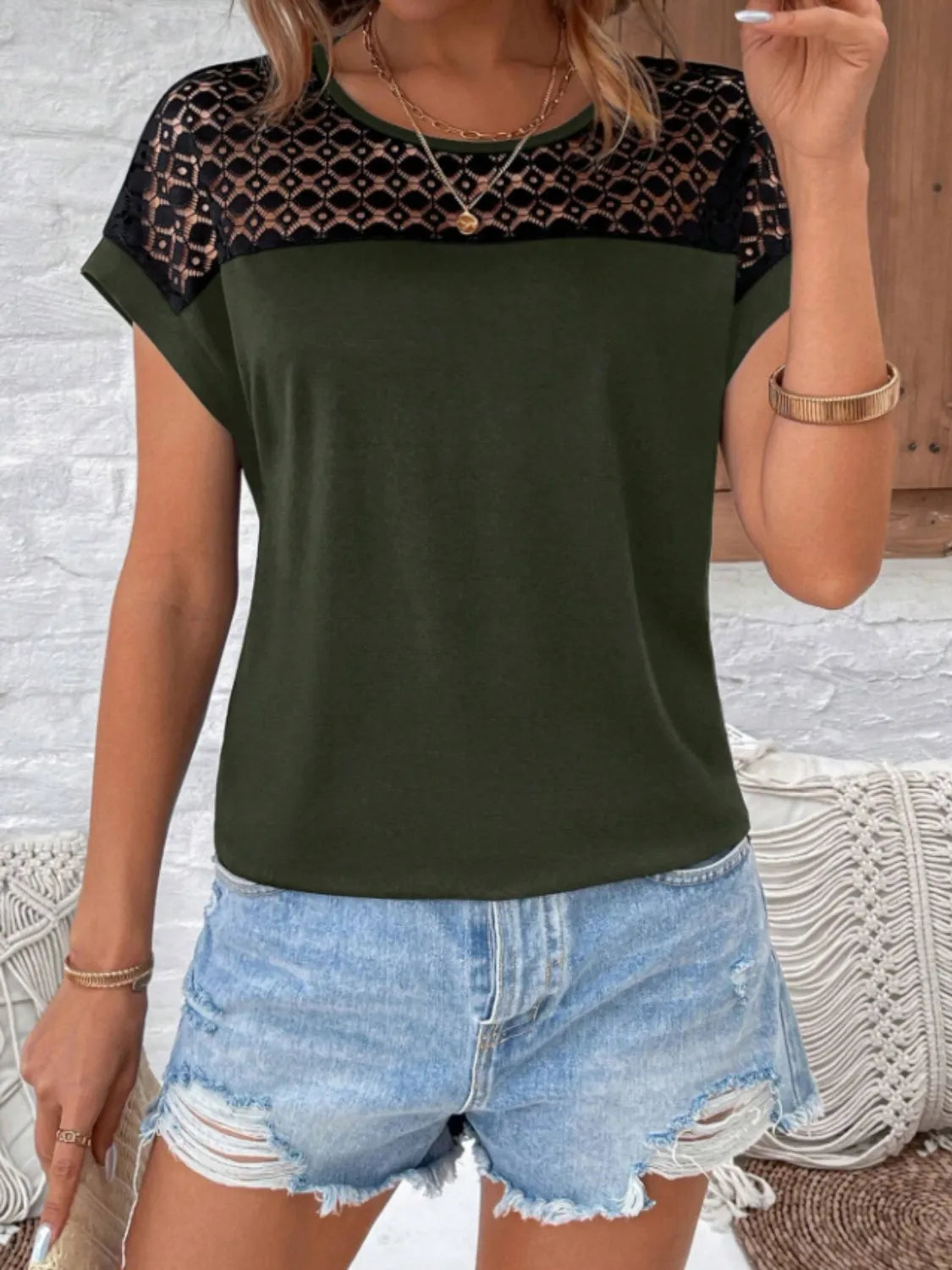 Lace Round Neck Short Sleeve T-Shirt - Ladyez
