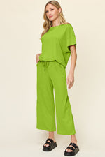 Double Take Full Size Texture Round Neck Short Sleeve T-Shirt and Wide Leg Pants - Ladyez